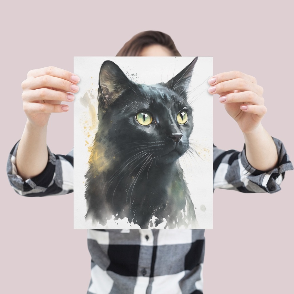 Black Cat Watercolor Wall Art Illustration Print Poster Card Unframed - Picture 4 of 6